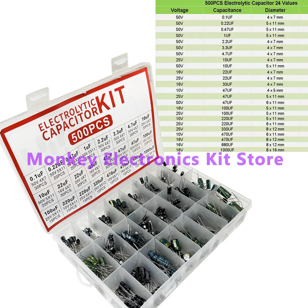 Bộ 500 24 Giá Trị 0.1UF-1000u Điện Phân Tụ Điện Hỗn Hợp Nhúng Chất Điện Giải Tụ Điện 10V 16V 25V 50V Điện Tử Bộ