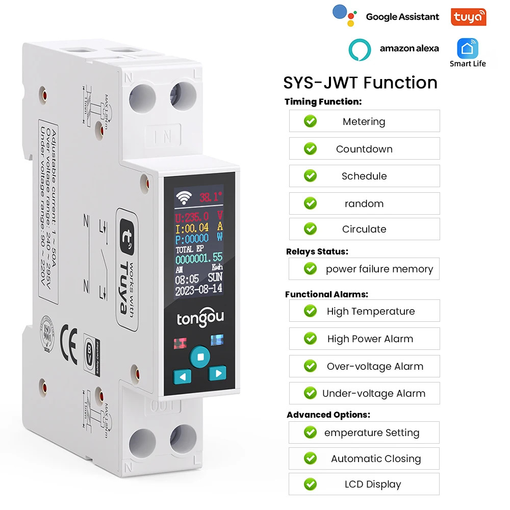 TUYA WIFI Smart Circuit Breaker With Metering 1P 50A 63A DIN Rail for Smart Home wireless Remote Control Switch by APP TONGOU