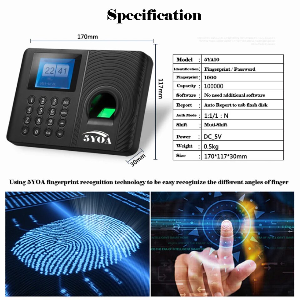5YOA A10 A01 Anwesenheit Biometrische Fingerabdruck Zeiterfassung Uhr Recorder Mitarbeitererkennungsgerät Elektronisch