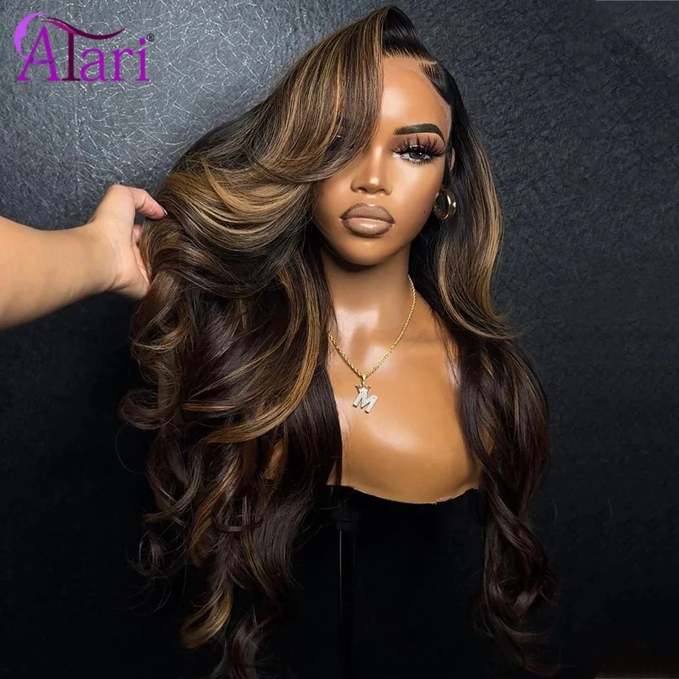 Transparente 13x4 13x6 laço frontal onda do corpo perucas de cabelo humano listra marrom destaca 5x5 fechamento peruca do laço pré arrancado para mulher