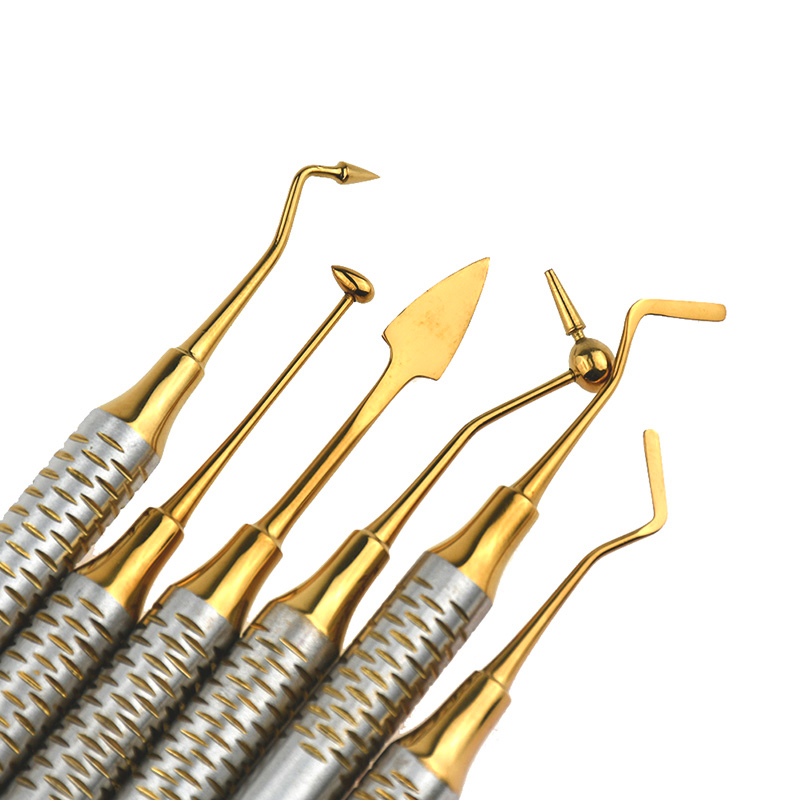 6PCS Tandheelkundige Composiet Hars Vullen Set Spatel Dikke Handvat Titanium Plated Head Tool Filler Tandheelkunde Instrument Materialen