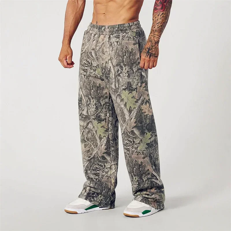 Primavera outono em linha reta calças casuais dos homens camuflagem calças de perna larga respirável calças de camuflagem solta tamanho grande calças de moletom