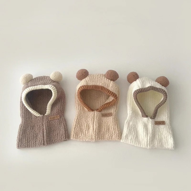 Gorro con capucha para bebé, bufanda de una pieza, gorro de invierno cálido de punto con protección para los oídos, pasamontañas, gorro infantil a prueba de viento de Color sólido