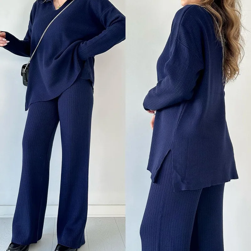 Conjuntos de calças de duas peças feminino camisola de malha com decote em v manga cheia emenda solto ajuste calças combinando conjuntos calças grossas casual senhora do escritório