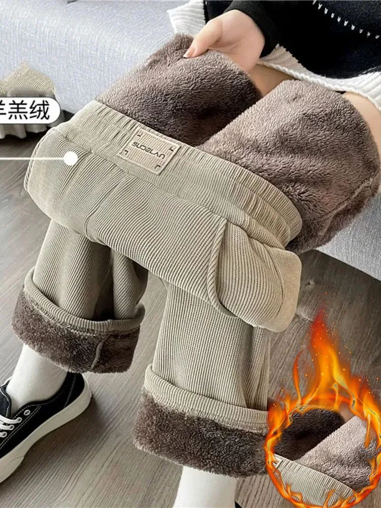 Winter Warm Verdicken Lammwolle Gerade Hosen Frauen Casual Elastische Hohe Taille Fleece gefüttert Breite Bein Pantalones Chic Baggy Calca