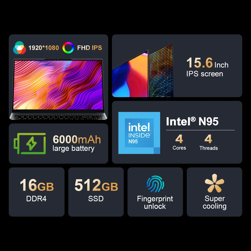 Ninkear N15 Air ordinateur portable 15,6 "IPS 1080P IPS Intel N95 3.4Ghz 16GB RAM 512GB SSD utilisation générale productivité Windows 11 pro ordinateur portable