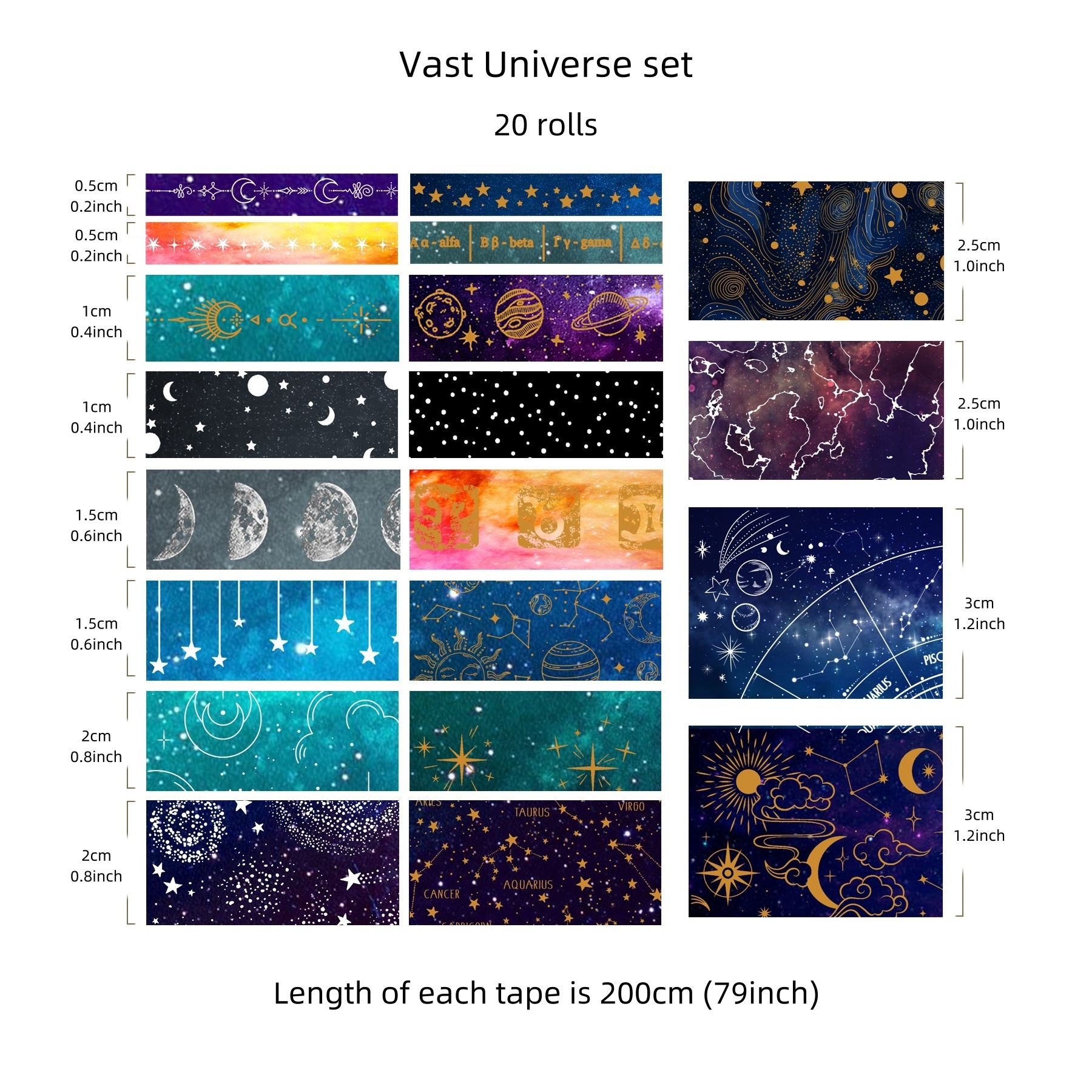 20 ม้วน Vast Universe Washi เทป Galaxy Star Moon Gold Silver Stamping กาวเทปกาวสติ๊กเกอร์ตกแต่ง A7603