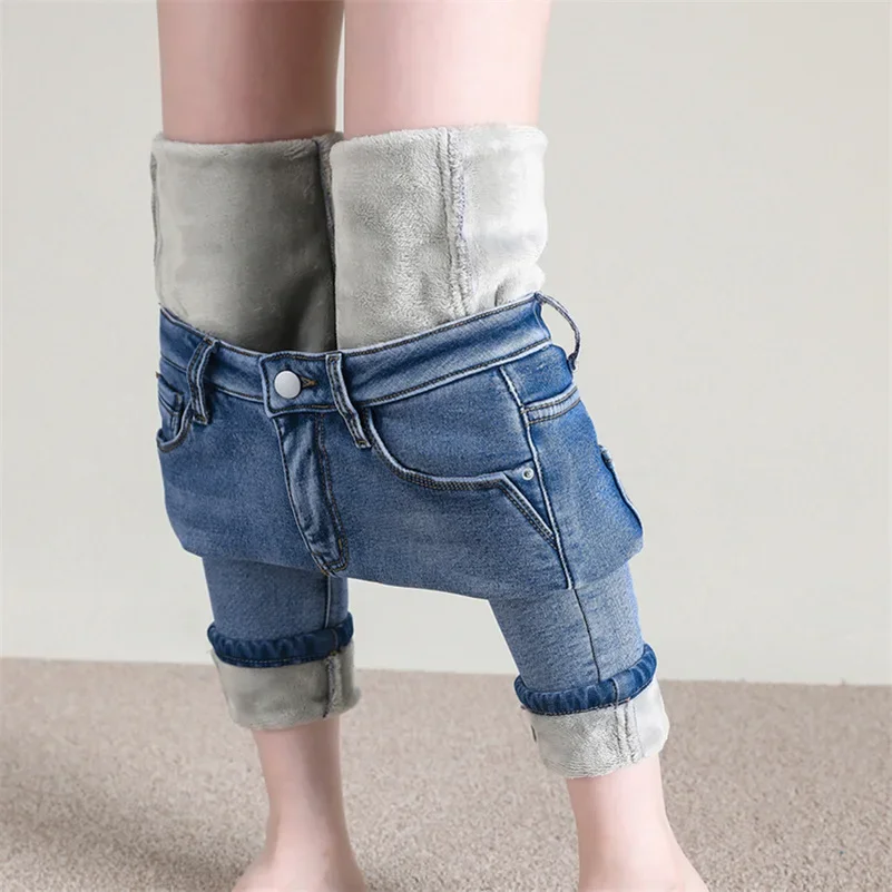 Pantalones vaqueros térmicos para mujer, pantalones vaqueros elásticos de felpa cálidos para la nieve para invierno, pantalones ajustados gruesos de lana para estudiantes, pantalones Retro azules para mujer