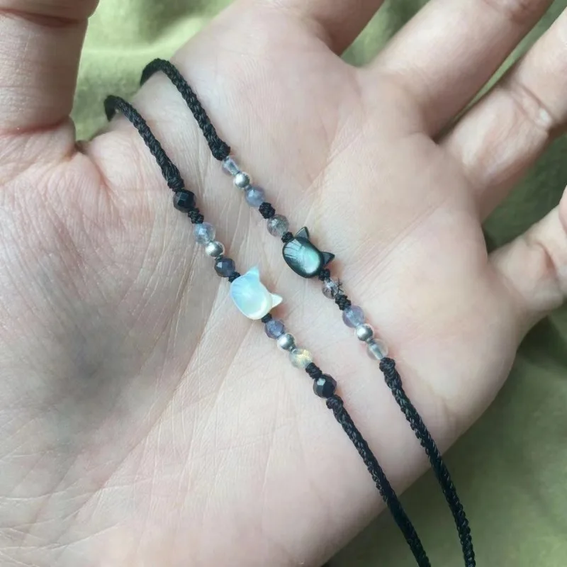 2 uds pulseras de obsidiana de piedra lunar Natural pulsera minimalista hecha a mano Linda pulsera de gato blanco y negro regalos de joyería de fiesta