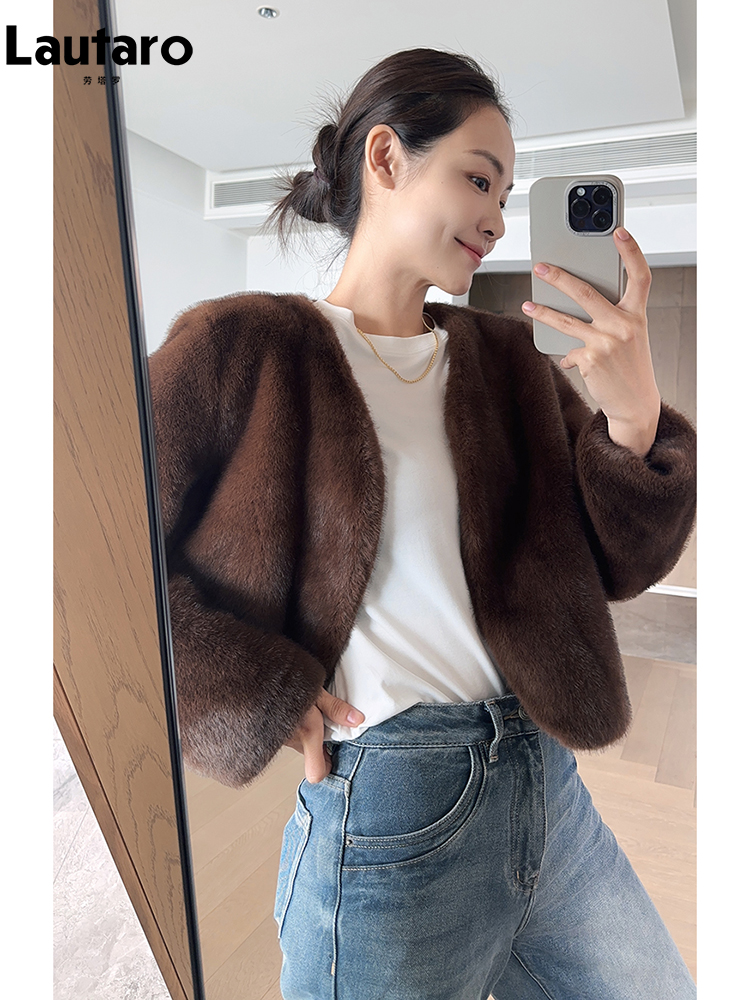 Lautaro Herbst Winter Chic Luxus Weiche Dicke Warme Braun Faux Nerz Pelzmantel Frauen mit Tiefem V-ausschnitt Langarm Flauschigen Jacke 2024