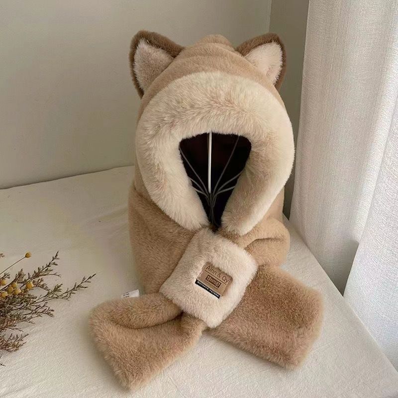 Winter Eenvoudige Nieuwe Stijl Verdikte Warme Pluche Sjaal Alles-In-Één Sjaal Met Capuchon Drie-In-Één Schattige Vossenoorhoed Dames Skimasker Met Capuchon