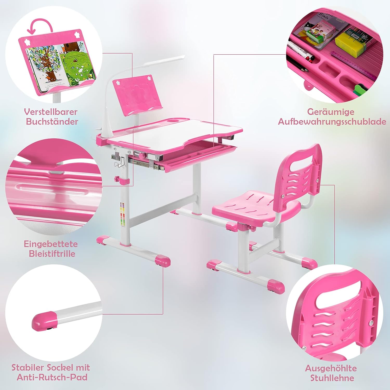 Kinder schreibtischset mit Stall und LED-Licht, höhen verstellbarer Kinder schreibtischs tuhl mit kippbarem Schreibtisch und Schublade, rosa