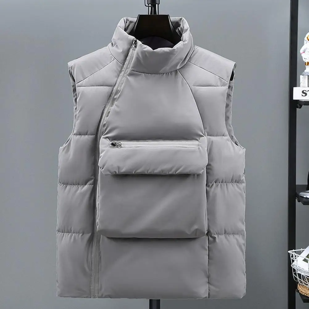 Männer Weste Herbst Jacken Daunenweste Stehkragen Ärmellos Schräger Reißverschluss Weste Mantel mit Vordertaschen Baumwollmantel