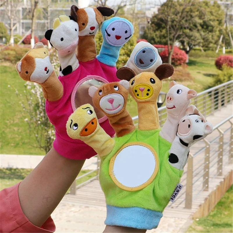 Cartoon Animal Toddler Puppet Plush Finger Toy With Safety Mirror Children Educational Hand Puppet ParentChild Interactive Glove