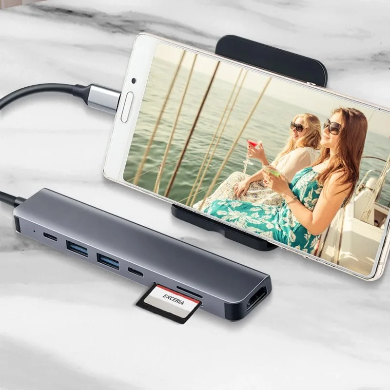 7 in 1 USB C HUB USB 3.0 HDMI 4K 60Hz Video USB2.0 SD TF Card Slot Reader Multi-Ports PD Charging for PC/Laptops/MacBook Pro