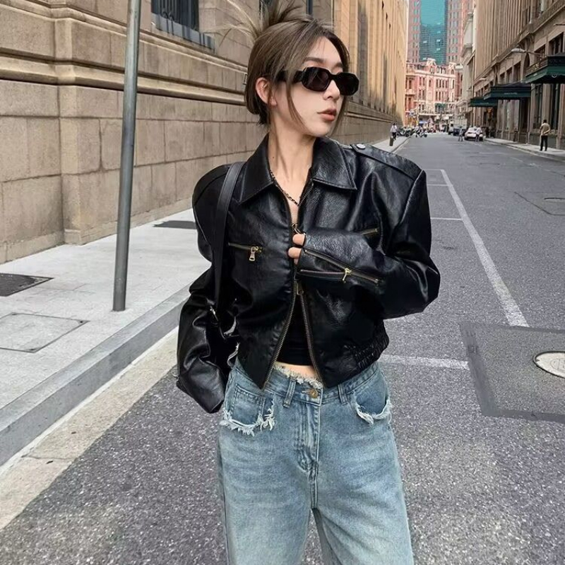 Vintage Pu Lederjacke Motorrad Bomber jacke Doppel reiß verschluss Langarm Streetwear Herbst kurze Tops koreanischen schicken schwarzen Mantel
