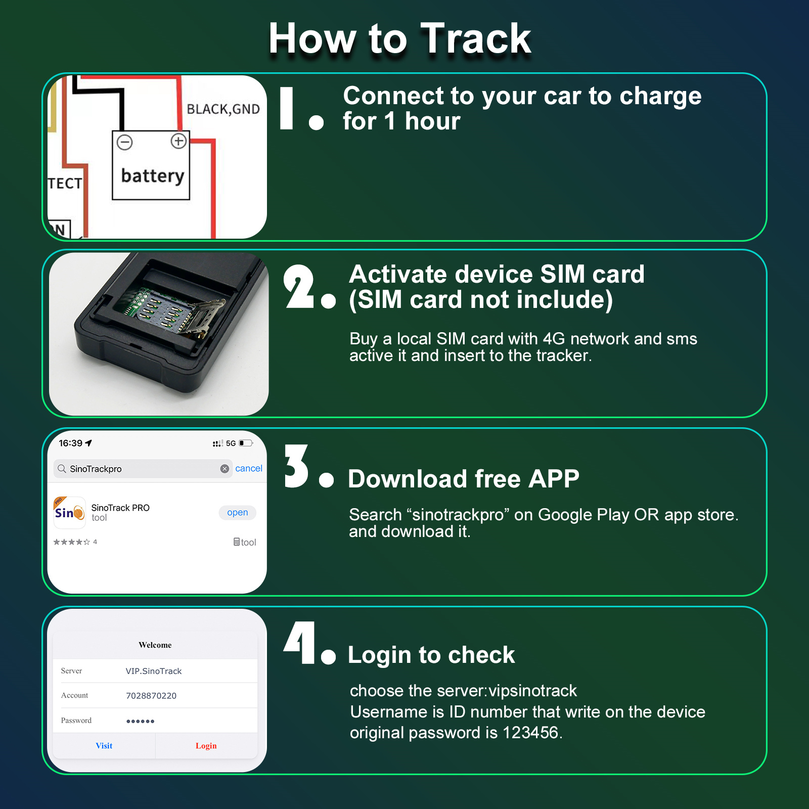 SinoTrack 4G + 2G GPS 트래커 ST-906L 4PIN 자동차 오토바이 차량 추적 장치 (오일 전원 무료 APP 차단 포함)
