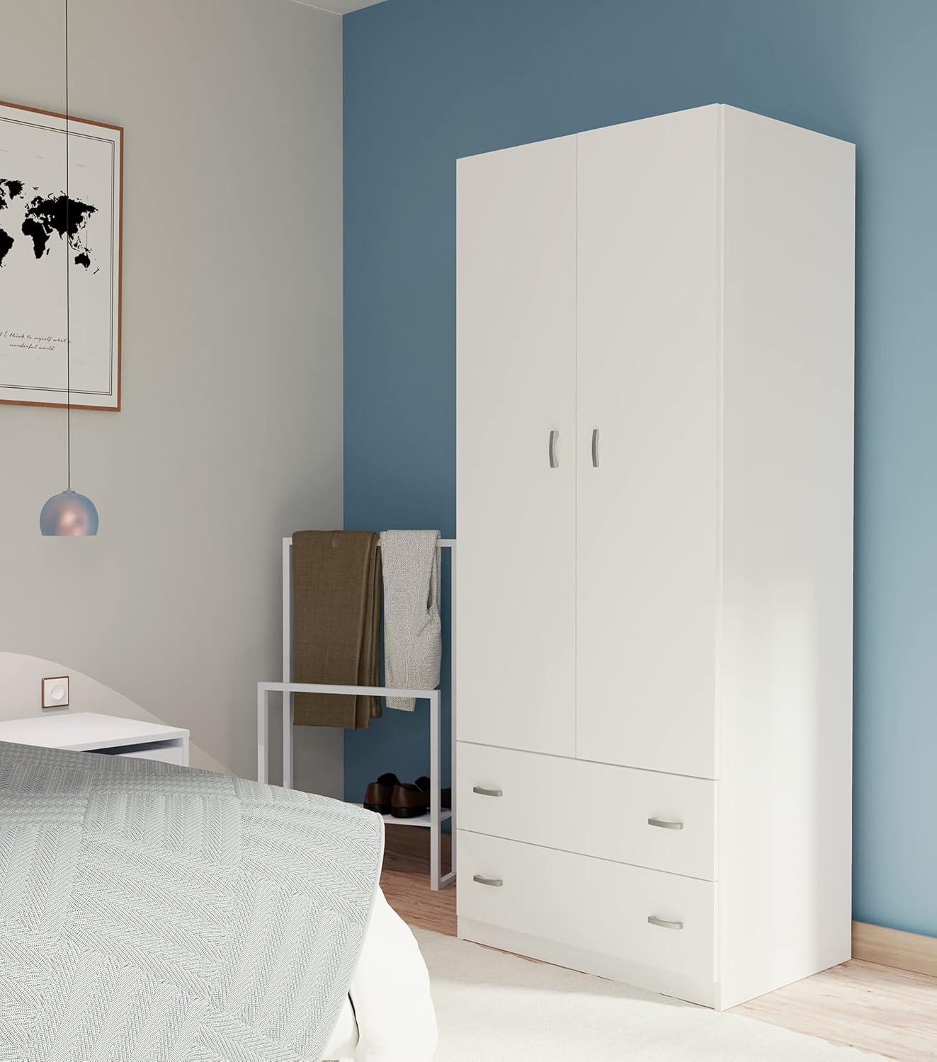 |   Armario Dormitorio Ropero 2 Puertas 2 Cajones, Blanco, 180x74x50 cm(Alto x Ancho x Fondo), Mueble Auxiliar Mod