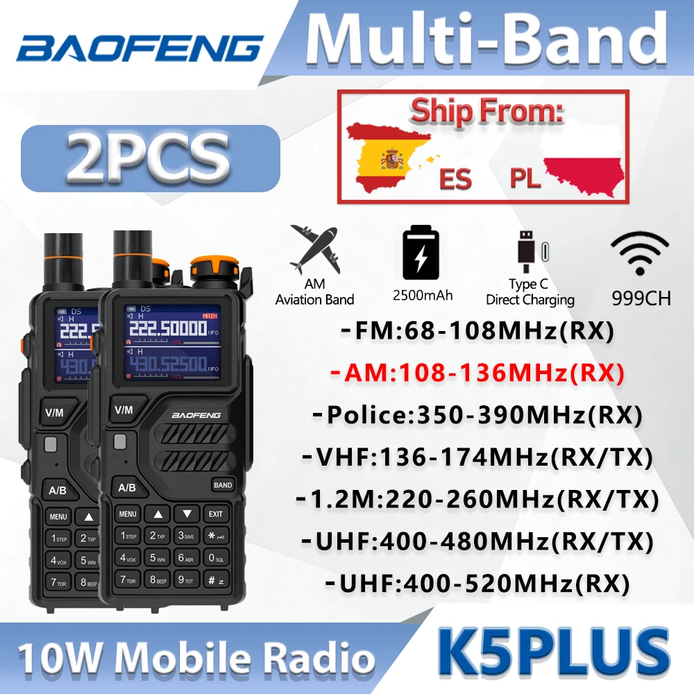2PCS Baofeng K5PLUS AM/FM 10W Walkie Talkie Multi-Band 999CH 2500mAh lange palette Typ-C Direkt Lade Handheld Radio