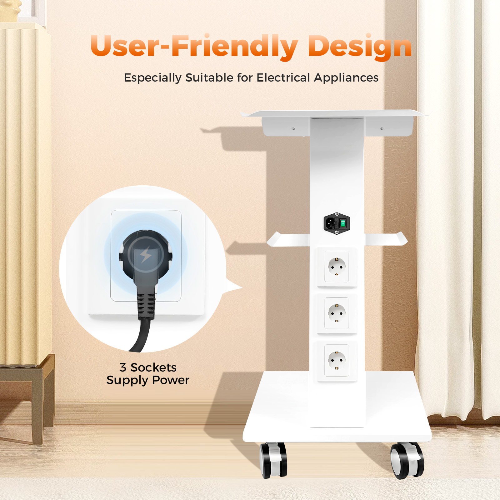 Weißer 110 V-220 V Multifunktions-Laborwagen, 3-stufiger Rollwagen mit Steckdosen, Instrumententablett, rollender Klinikwagen