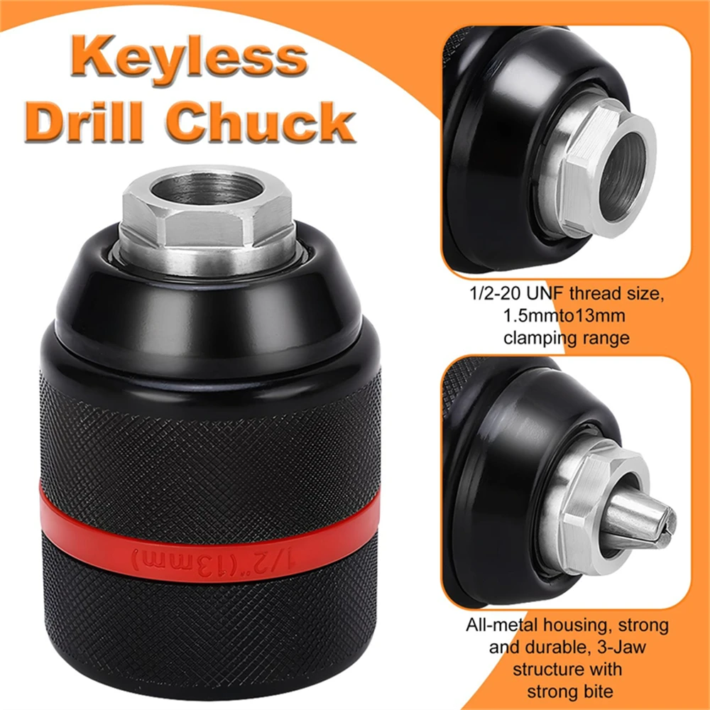 2025 New Keyless Metal Drill Chuck,With Lock,2~13mm Ratchet Self-locking Chuck,1/2-20UNF Thread,for Drill Bit Screwdiver&Sockets