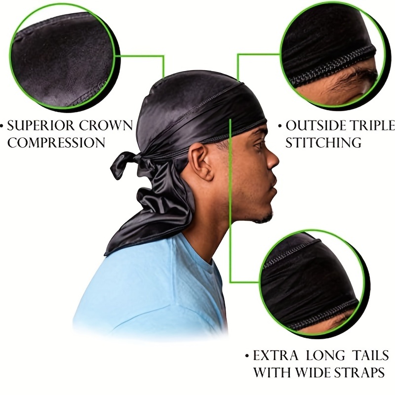 Heren zijden Durag Bonnet Bandana Silky Du Rag Doo Rag Long Tail Waves Cap