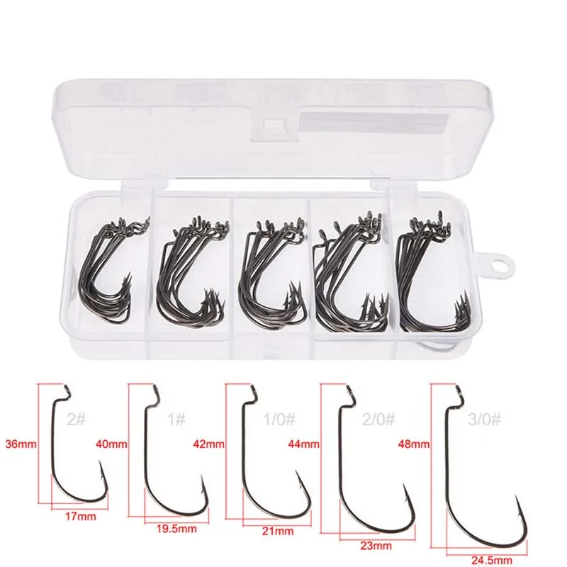 50 ชิ้นกล่องตะขอตกปลาชุด Jig Crank ตะขอหนามสูงคาร์บอนสแตนเลสกว้าง Gap Offset Fishhook Soft Worm Sea Hook Tackle