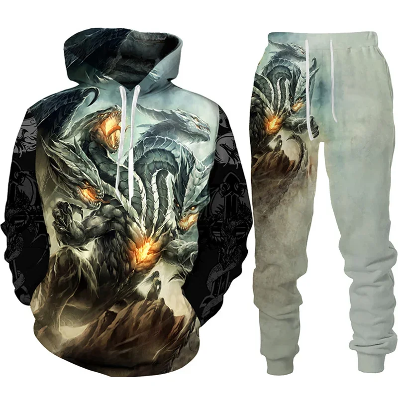 Chándal con estampado 3D de tatuaje de dragón Retro para hombre y mujer, Sudadera con capucha y pantalones informales, conjunto de 2 piezas, sudadera de gran tamaño, ropa de moda