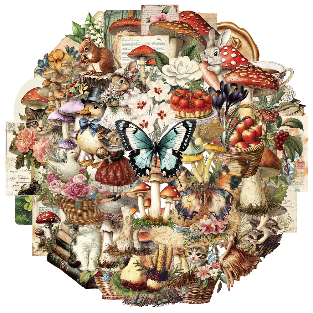 50 STKS Creatieve Retro Paddestoel Stickers Decoratieve Handboeken DIY Telefoon Gevallen Water Cups Gepersonaliseerde Waterdichte Stickers