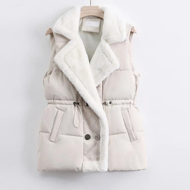 Chaleco de algodón con pelo de cordero para mujer, ropa de abrigo con solapa integrada de piel, otoño e invierno, 2024