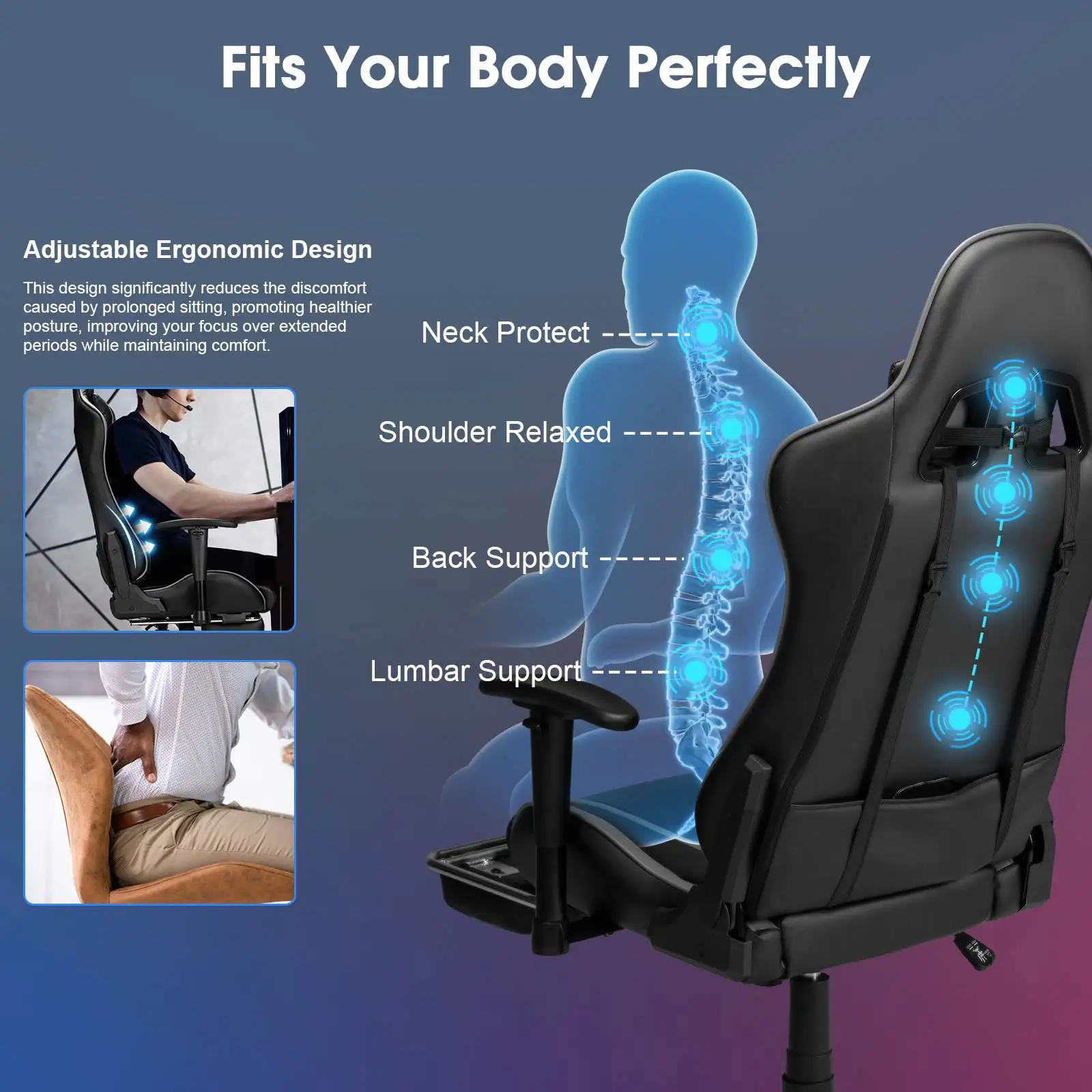 Sedia da gioco Massaggio ergonomico Nuovo massaggio PU personalizzato Sedie da ufficio per computer Design con schienale alto Sedile relax lombare