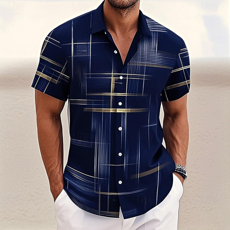 8-kleuren geometrisch rasteroverhemd voor heren, knoopoverhemd, korte mouw, mode, casual, buitenvakantie, streetwear, 3D-geprint reversoverhemd