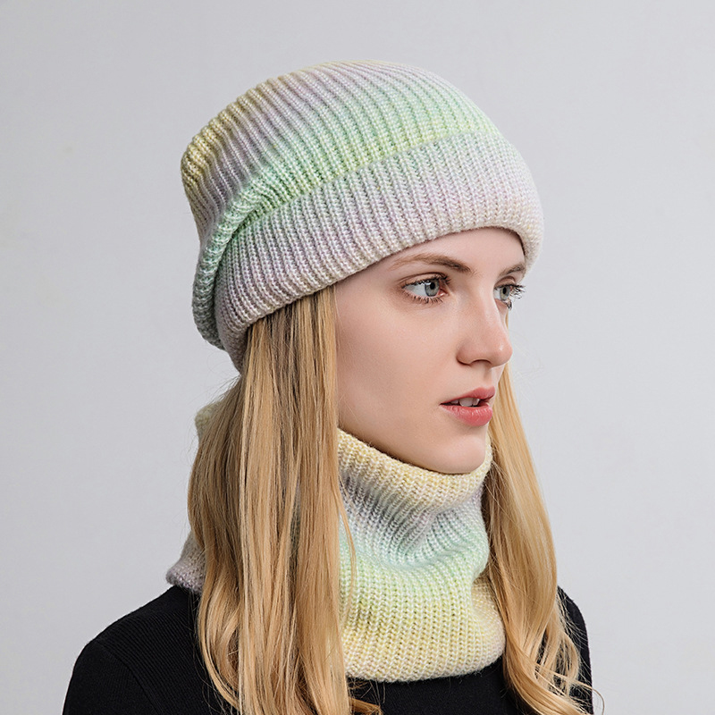 Damen Winter Warm halten Beanie Schal Set 2-teilig Lady Fleece Futter Wollgarn Mütze Strickhalsmanschette Farbverlauf Großhandel