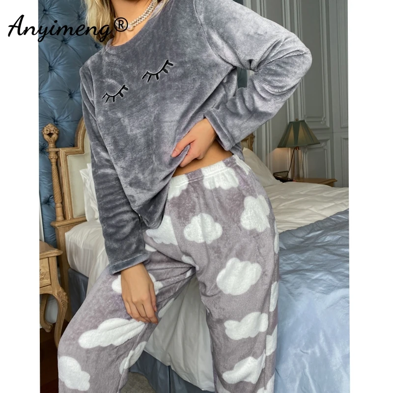Flauschiges Winter-Damen-Pyjama-Set, Pullover, Wimpern, Nachtwäsche, Homewear, kalte Thermo-Damen-Dessous-Pyjama, lässig, gemütlich, Flanell-Pyjama