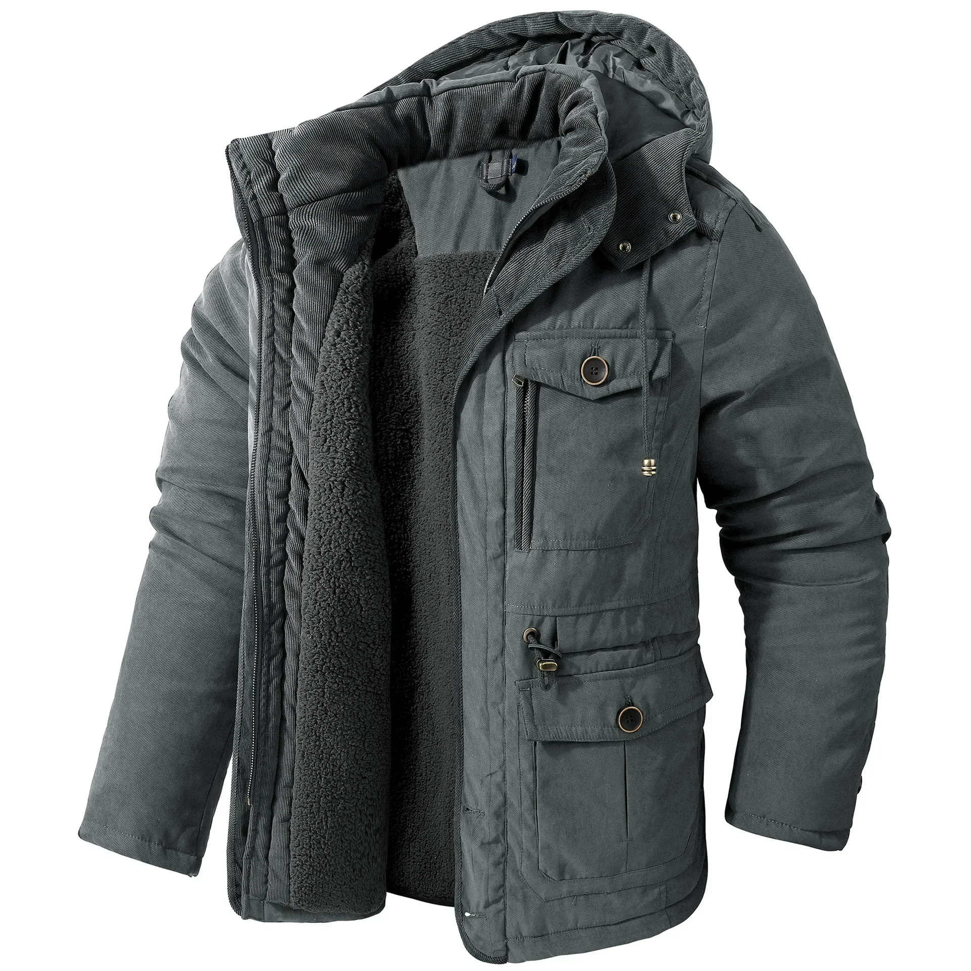 Chaqueta de lana de cordero con capucha para hombre, abrigo informal de longitud media con múltiples bolsillos, algodón grueso, talla grande de EE. UU., Invierno