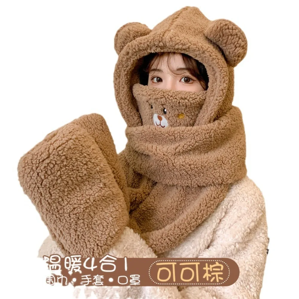Cute Plush Bear Ear Beanies Cap Warm Large Head Circumference Lamb Skull Cap Splicing Warm White Thickened Scarf Gloves Set Head