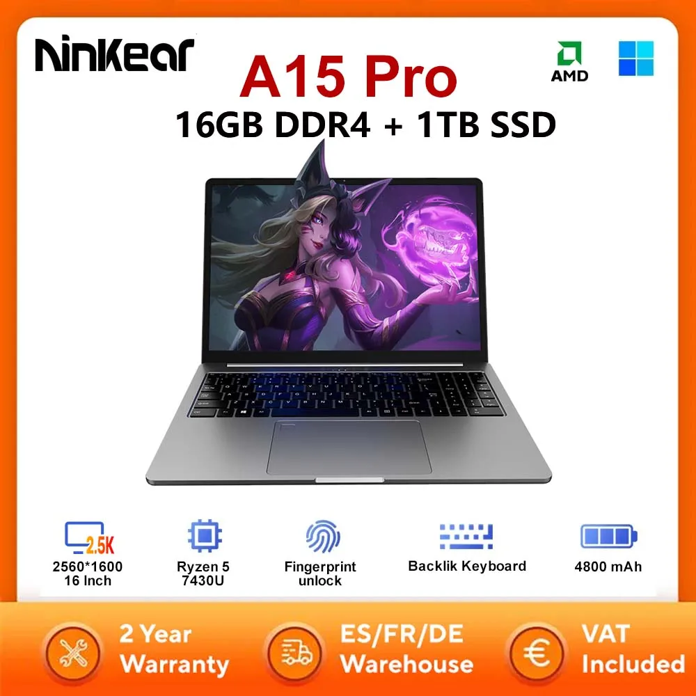 Ninkear A15 Pro Laptop AMD Ryzen 5 7430U 16GB di RAM 1TB SSD Sblocco impronte digitali 16 pollici 120Hz 2560*1600 Schermo Notebook Computer