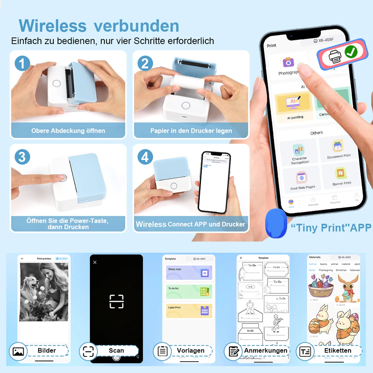เครื่องพิมพ์พกพาขนาดเล็ก Inkless สติกเกอร์ Maker, ฟรีตัดเครื่องพิมพ์พกพาขนาดเล็ก, เครื่องพิมพ์ความร้อนแบบพกพาสําหรับ Photo Journal Notes Memo