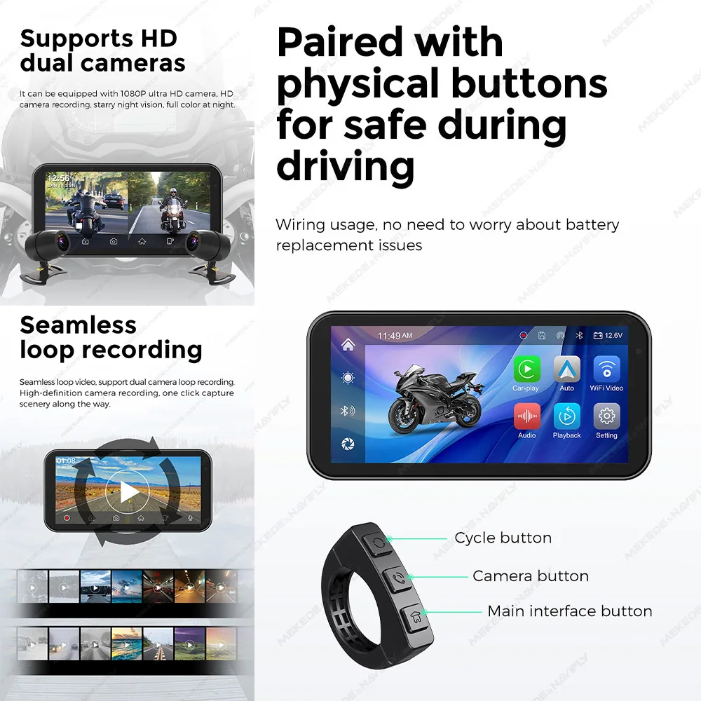 MEKEDE 6,25 Zoll Motorrad Tragbare Navigation GPS Drahtlose CarPlay Android Auto IP67 Wasserdichte Motorrad Touch Screen Display