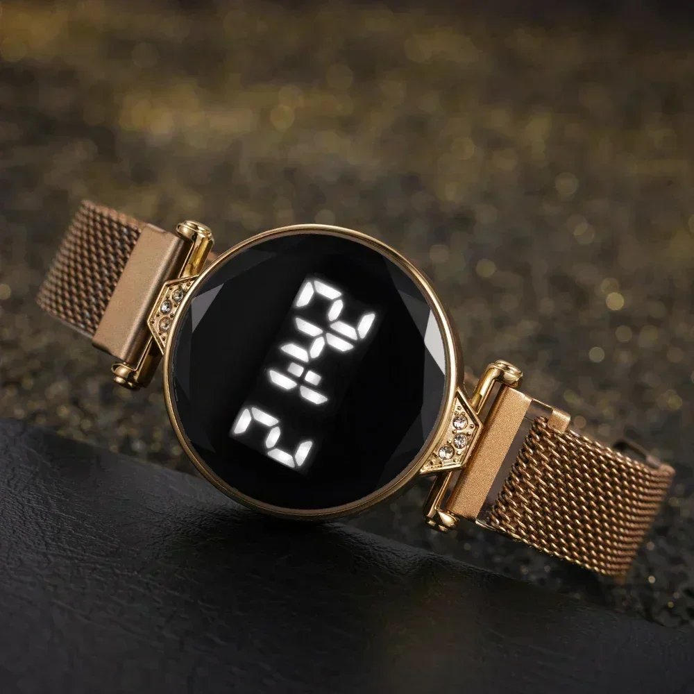 Relojes de lujo para Mujer, Reloj de pulsera de acero inoxidable de oro rosa para Mujer, Reloj Digital LED para Mujer, Reloj electrónico para Mujer
