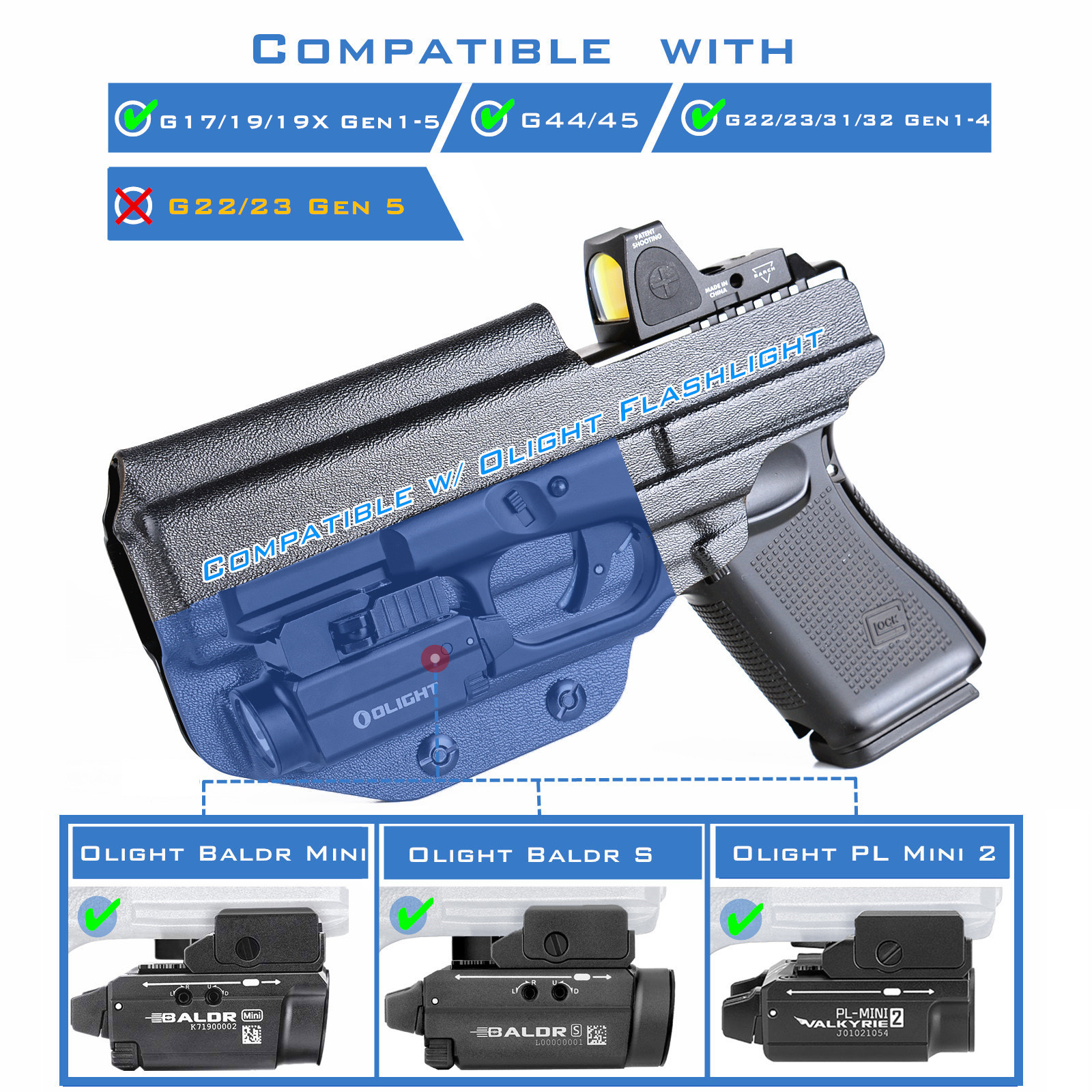 IWB Kydex Holster for Glock 19 19X 23 25 32 44 45 with Olight Baldr S Tactical Flashlight Inside Waistband Concealed Carry