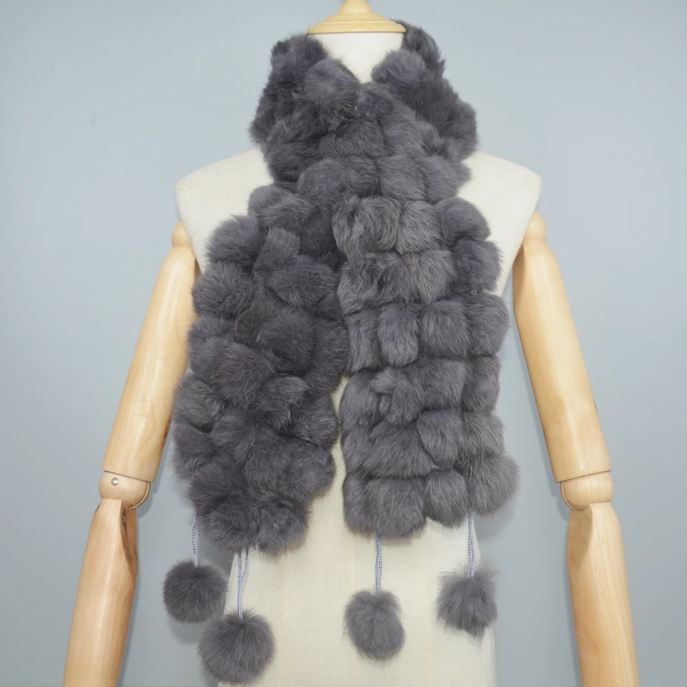 Bufanda de piel auténtica para mujer, bufandas con bolas de piel de conejo Rex auténtica, bufanda de piel cálida a la moda para mujer rusa, colorida, 2025