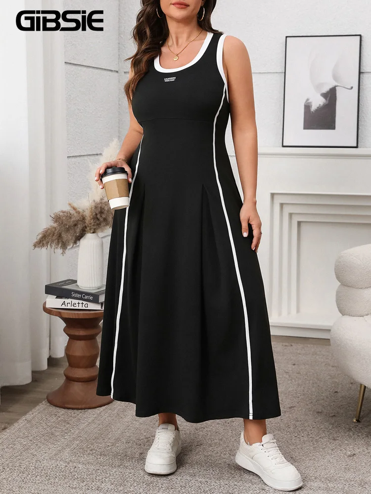 GIBSIE Plus Größe Frauen Kontrast Oansatz Ärmelloses A-Line Kleid 2025, Neue Sommer Mode Straße Sommerkleid Lange Casual Maxi Kleider