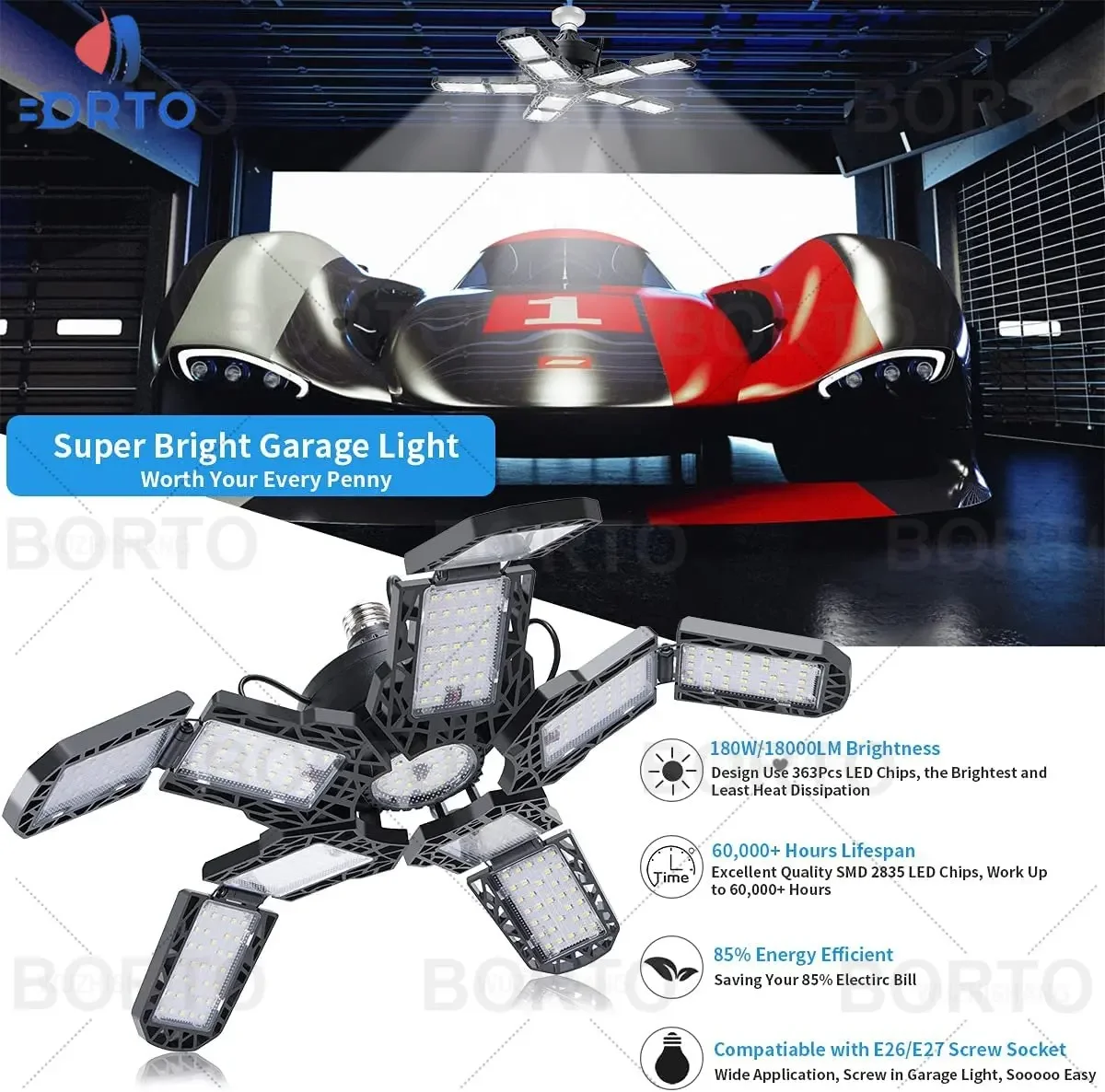 15000LM 200W Foldable LED Bulbs E27 Garage Light Adjustable Multi Panel Market Shop Ceiling Lamp For Workshop Warehouse Lighting