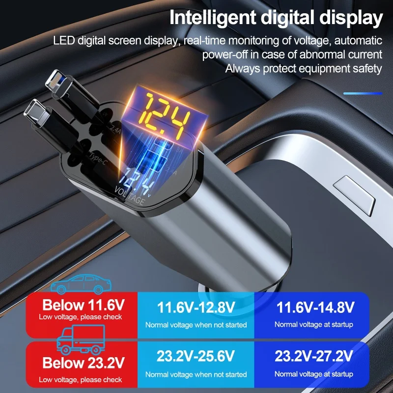 Carregador de carro retrátil, carregador de carro de carregamento rápido 4 em 1 120W, cabo retrátil e 2 portas USB compatível com adaptador de carregador de carro