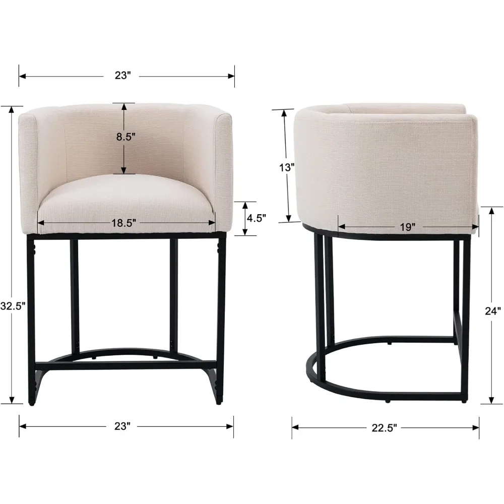 Contemporary Cream Linen Bar Stools Set of 3, 24" Upholstered Fabric Counter Height Barstools Kitchen Counter Island Stools with