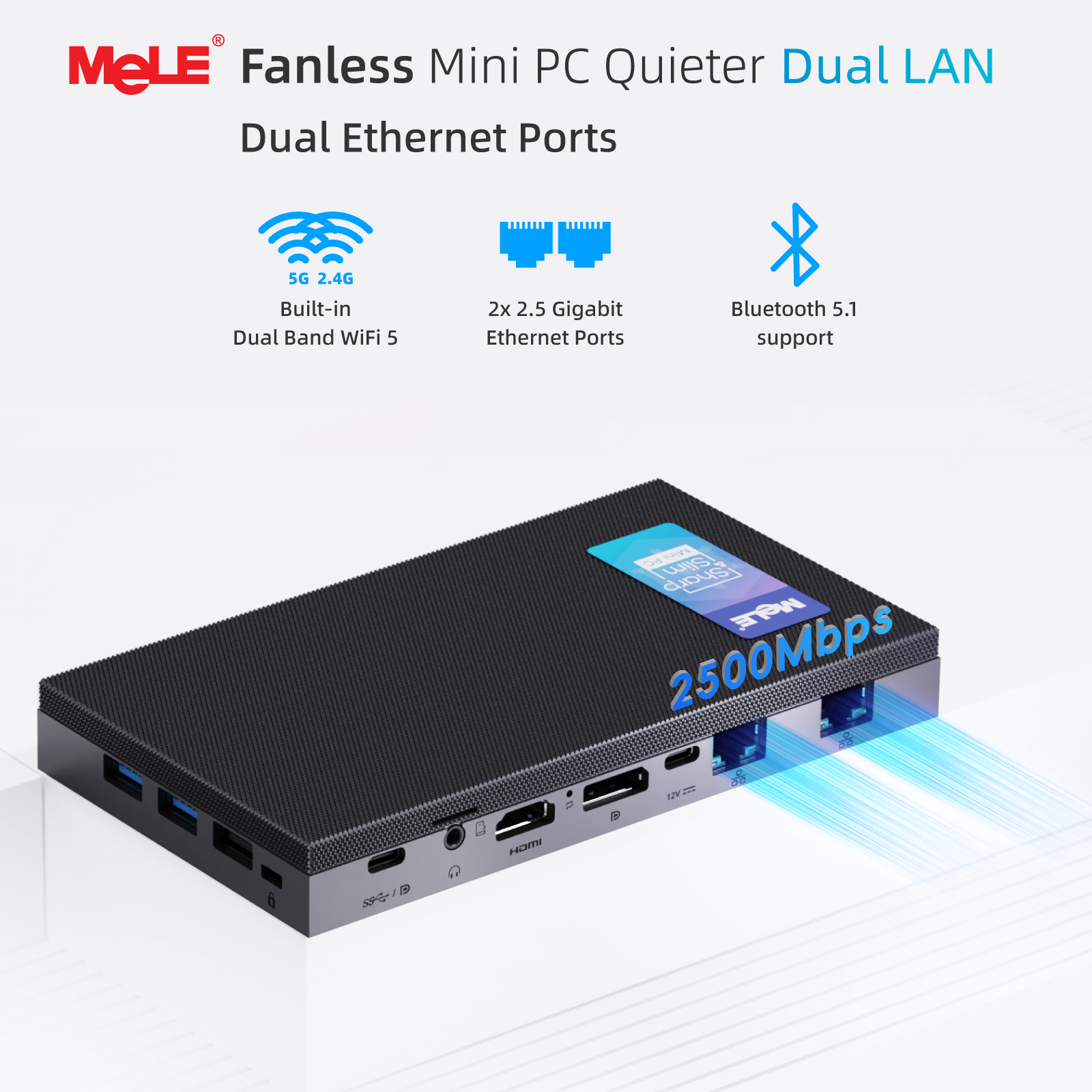 MeLE QuieterDL Fanless N150 Mini PC 2.5Gb Dual LAN Micro PC USB-C HDMI2.0 DP1.4 USB C Display Desktop Computers