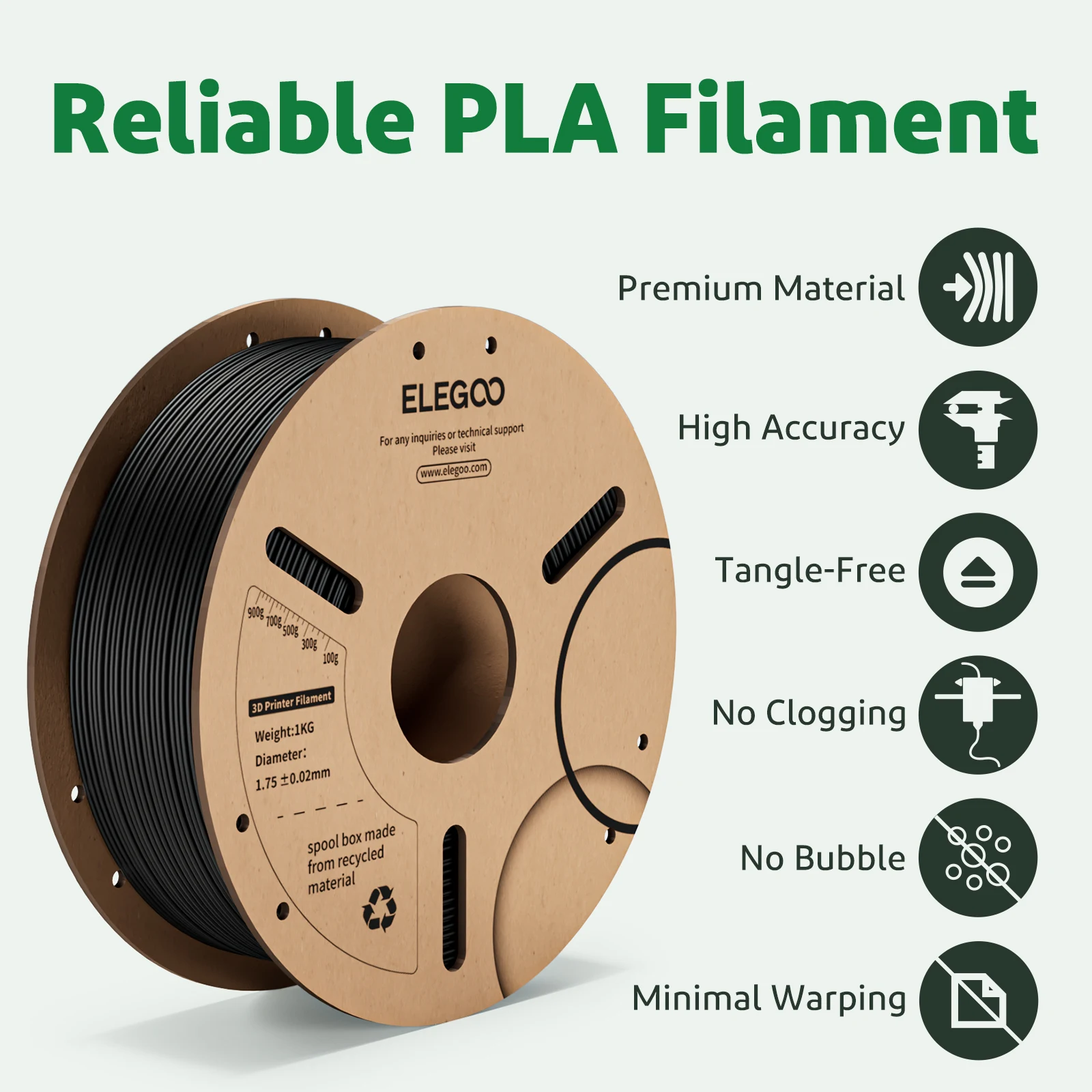 Нить ELEGOO PLA+, 1,75 мм, 3D PLA для расходных материалов для принтеров FDM, совместимый с большинством принтеров FDM (1 кг/катушка, 2,2 фунта)