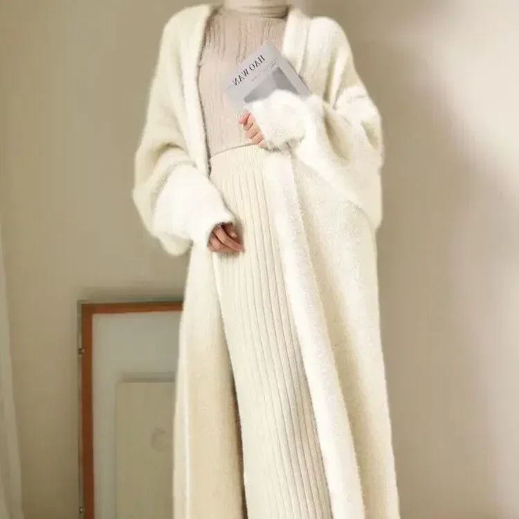 Damenpullover Herbst und Winter Lange Nerz-ähnliche Wollstrickjacke Lose Dicke Mittellange Strickmantel im Leerlaufstil