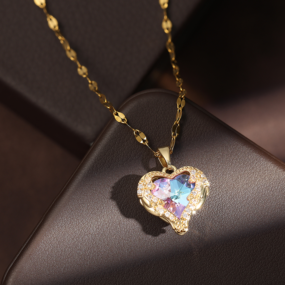 Corazón romántico collar femenino de Zirconia cúbica de acero inoxidable collar de cristal dorado brillante fiesta joyas diarias